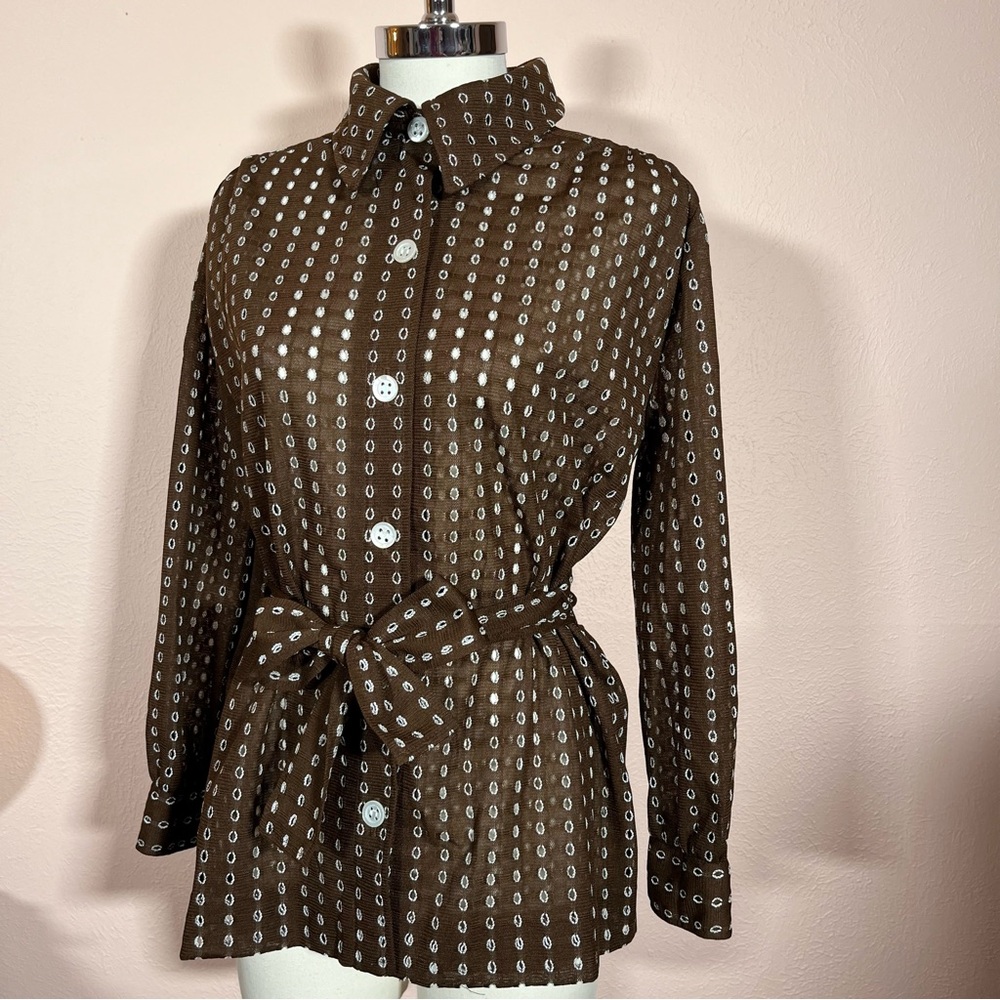 Vintage 1960 70 Dalton MCM Brown lace Tie Waist Belted Button Down shirt Jacket - Picture 5 of 17